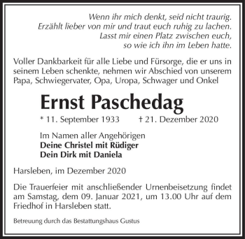 Traueranzeige von Ernst Paschedag  von Magdeburger Volksstimme