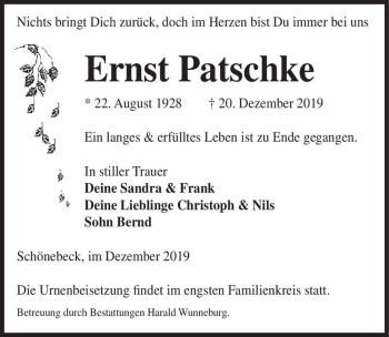 Traueranzeige von Ernst Patschke  von Magdeburger Volksstimme