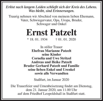 Traueranzeige von Ernst Patzelt  von Magdeburger Volksstimme