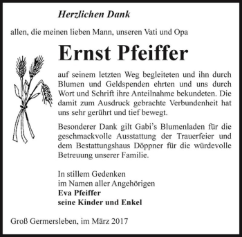 Traueranzeige von Ernst Pfeiffer  von Magdeburger Volksstimme
