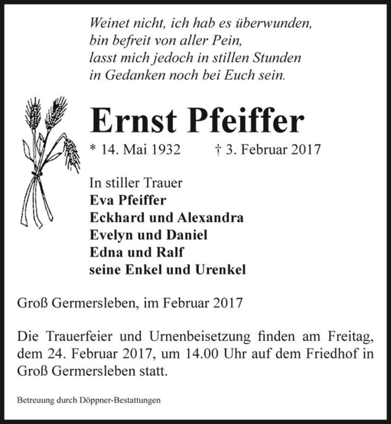  Traueranzeige für Ernst Pfeiffer  vom 11.02.2017 aus Magdeburger Volksstimme