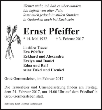 Traueranzeige von Ernst Pfeiffer  von Magdeburger Volksstimme