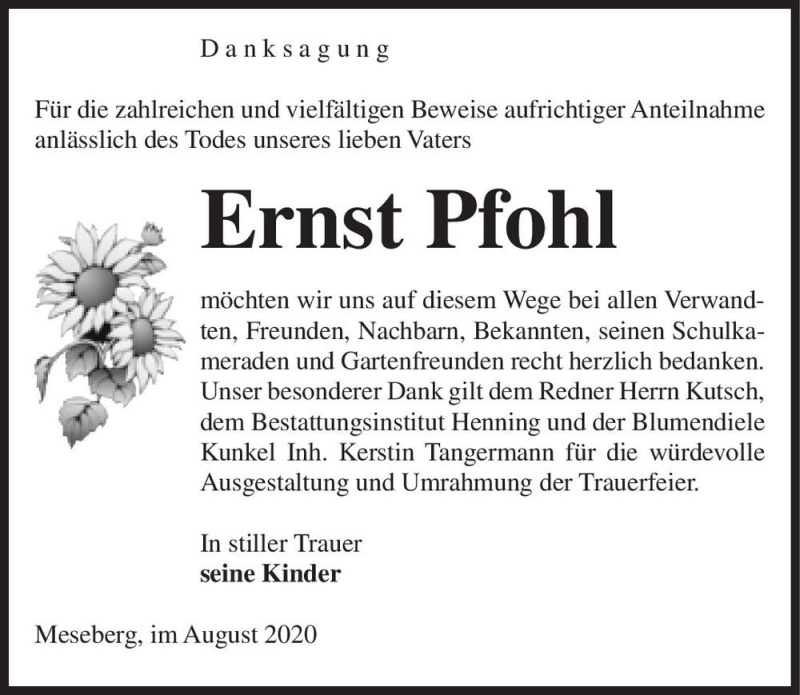  Traueranzeige für Ernst Pfohl  vom 29.08.2020 aus Magdeburger Volksstimme
