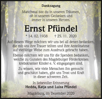 Traueranzeige von Ernst Pfündel  von Magdeburger Volksstimme