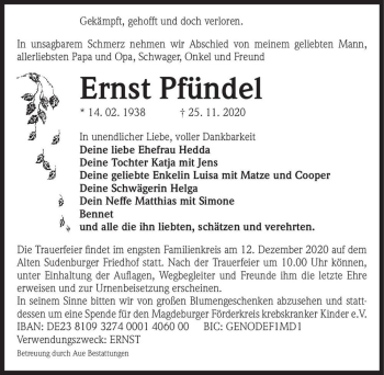 Traueranzeige von Ernst Pfündel  von Magdeburger Volksstimme