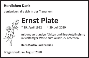 Traueranzeige von Ernst Plate  von Magdeburger Volksstimme