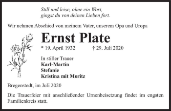 Traueranzeige von Ernst Plate  von Magdeburger Volksstimme