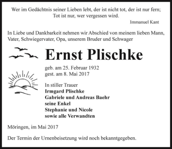 Traueranzeige von Ernst Plischke  von Magdeburger Volksstimme