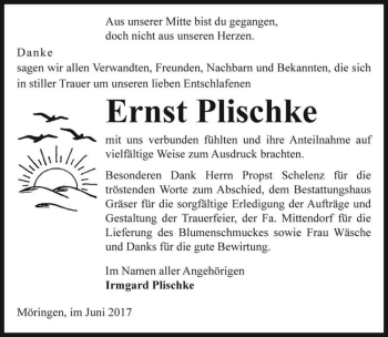 Traueranzeige von Ernst Plischke  von Magdeburger Volksstimme