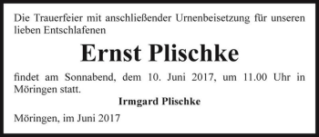 Traueranzeige von Ernst Plischke  von Magdeburger Volksstimme