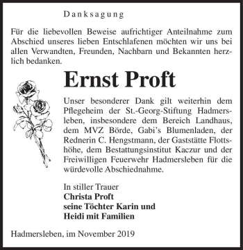 Traueranzeige von Ernst Proft  von Magdeburger Volksstimme