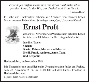 Traueranzeige von Ernst Proft  von Magdeburger Volksstimme