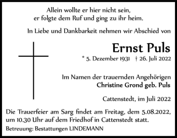 Traueranzeige von Ernst Puls  von Magdeburger Volksstimme