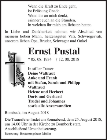 Traueranzeige von Ernst Pustal  von Magdeburger Volksstimme