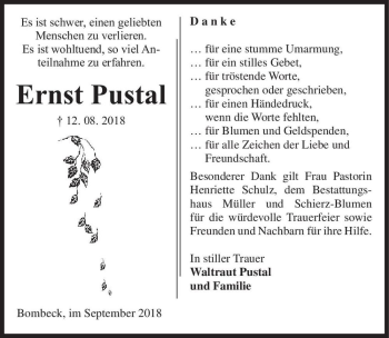 Traueranzeige von Ernst Pustal  von Magdeburger Volksstimme
