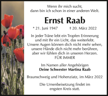 Traueranzeige von Ernst Raab  von Magdeburger Volksstimme