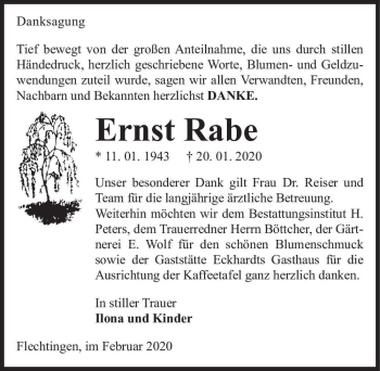 Traueranzeige von Ernst Rabe  von Magdeburger Volksstimme