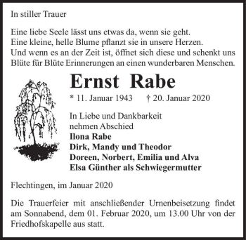 Traueranzeige von Ernst Rabe  von Magdeburger Volksstimme