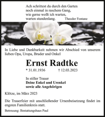 Traueranzeige von Ernst Radtke  von Magdeburger Volksstimme