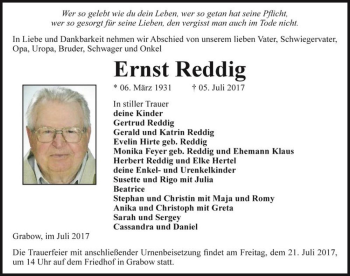 Traueranzeige von Ernst Reddig  von Magdeburger Volksstimme
