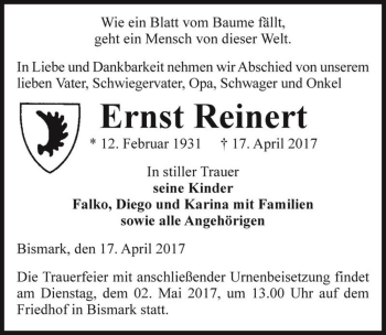 Traueranzeige von Ernst Reinert  von Magdeburger Volksstimme