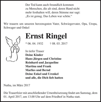 Traueranzeige von Ernst Ringel  von Magdeburger Volksstimme