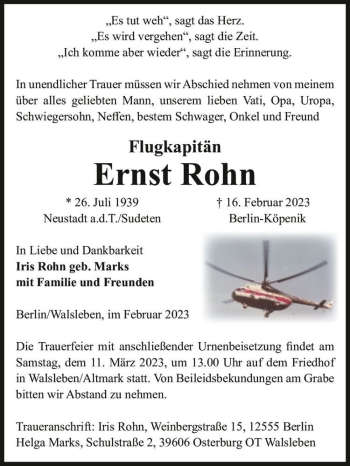 Traueranzeige von Ernst Rohn  von Magdeburger Volksstimme