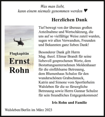 Traueranzeige von Ernst Rohn  von Magdeburger Volksstimme