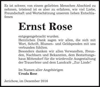 Traueranzeige von Ernst Rose  von Magdeburger Volksstimme
