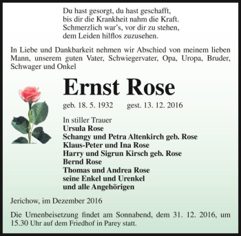 Traueranzeige von Ernst Rose  von Magdeburger Volksstimme