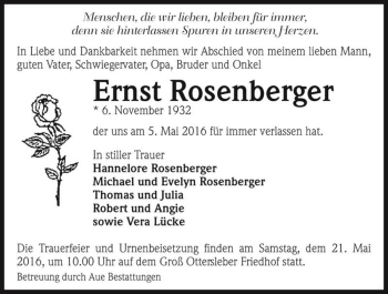 Traueranzeige von Ernst Rosenberger  von Magdeburger Volksstimme