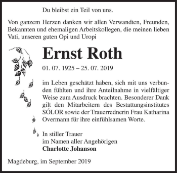 Traueranzeige von Ernst Roth  von Magdeburger Volksstimme
