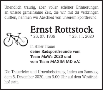 Traueranzeige von Ernst Rottstock  von Magdeburger Volksstimme