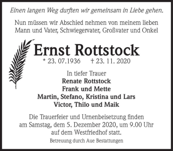 Traueranzeige von Ernst Rottstock  von Magdeburger Volksstimme