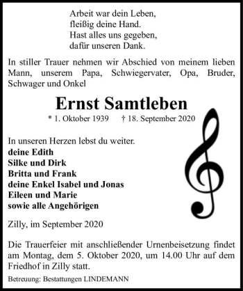 Traueranzeige von Ernst Samtleben  von Magdeburger Volksstimme