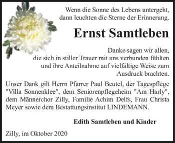 Traueranzeige von Ernst Samtleben  von Magdeburger Volksstimme