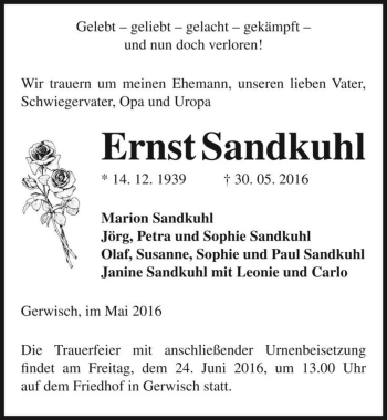 Traueranzeige von Ernst Sandkuhl  von Magdeburger Volksstimme
