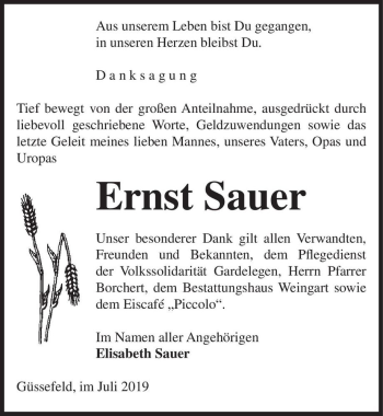 Traueranzeige von Ernst Sauer  von Magdeburger Volksstimme