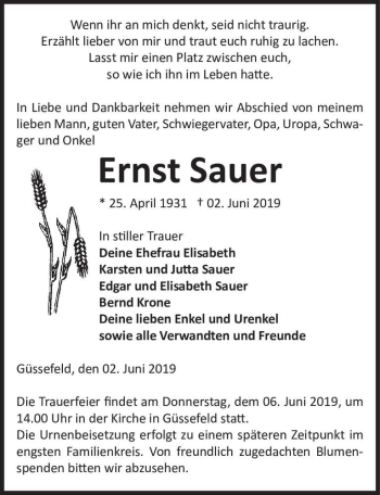 Traueranzeige von Ernst Sauer  von Magdeburger Volksstimme