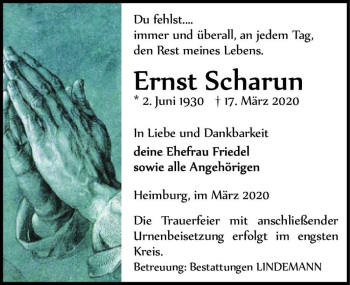 Traueranzeige von Ernst Scharun  von Magdeburger Volksstimme