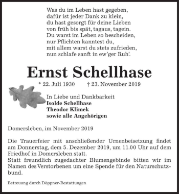 Traueranzeige von Ernst Schellhase  von Magdeburger Volksstimme