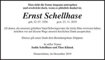 Traueranzeige von Ernst Schellhase  von Magdeburger Volksstimme