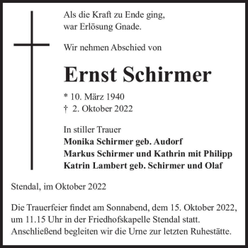 Traueranzeige von Ernst Schirmer  von Magdeburger Volksstimme