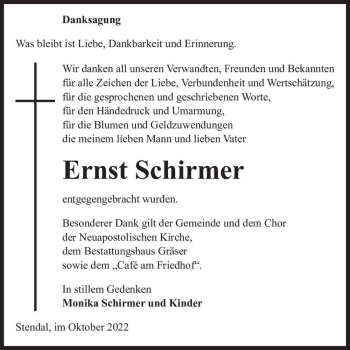 Traueranzeige von Ernst Schirmer  von Magdeburger Volksstimme