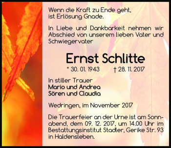 Traueranzeige von Ernst Schlitte  von Magdeburger Volksstimme