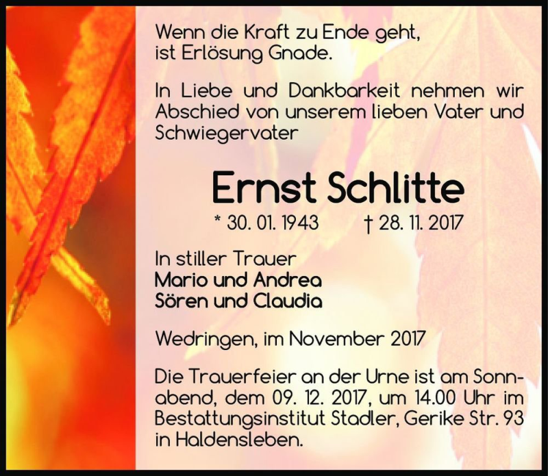  Traueranzeige für Ernst Schlitte  vom 02.12.2017 aus Magdeburger Volksstimme