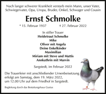 Traueranzeige von Ernst Schmolke  von Magdeburger Volksstimme