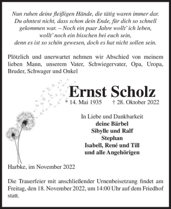 Traueranzeige von Ernst Scholz  von Magdeburger Volksstimme