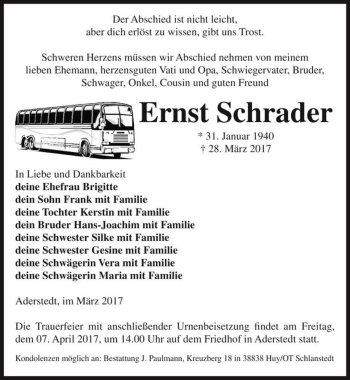 Traueranzeige von Ernst Schrader  von Magdeburger Volksstimme
