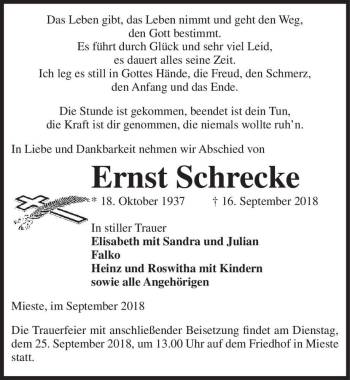 Traueranzeige von Ernst Schrecke  von Magdeburger Volksstimme